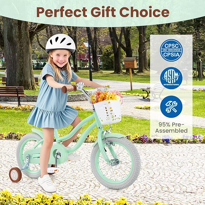 COSTWAY Kids Bike, 12 14 16 18 Inch Toddler Bike Children Bicycle w/Training Wheels, Hand & Coaster Brakes, Adjustable Saddle & Handlebar, Basket, Bell, Kids Bicycle for Girls Boys Aged 3-8 Years Old