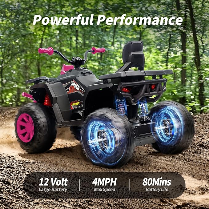 12V Kids 4 Wheeler ATV, 2-Seater Electric ATV Four Wheeler for Big Kids with Bluetooth, 14.4" Big Wheels - Rose Pink