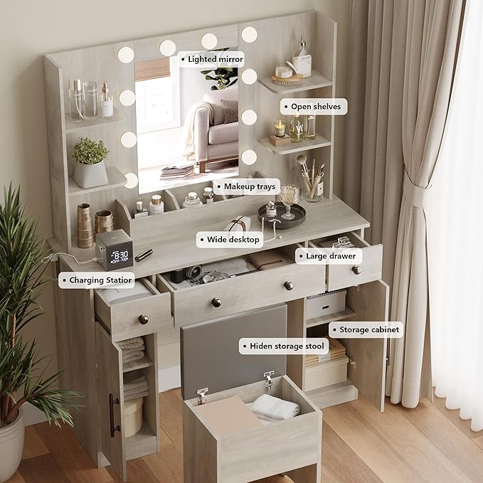 Makeup Vanity Desk with Mirror and Lights, 43" Grey Vanity Set with Chair, 3 Drawers, Power Outlet & Adjustable RGB LED Lights, Dressing Table with Storage Shelf for Women & Girls Bedroom