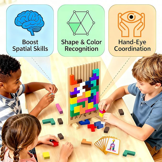 Wooden Block Puzzle Montessori Toy，Colorful Stacking Game Educational Puzzle for Toddlers and Kids, Brain Teaser Wooden Toy Gift for 3 4 5 Year Old Boys and Girls