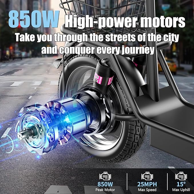 Electric Scooter Adults, 850W Peak Motor, 25 Miles Range, EScooter 25MPH Top Speed, 14" Foldable Electric Scooter with Seat and Basket for Cargo, Dual Suspension for Commuting