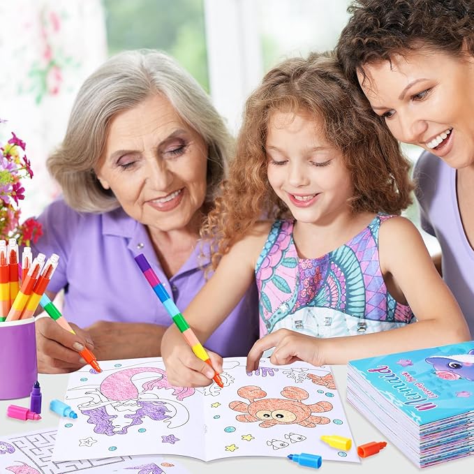 BenLouis 12 Mermaid Mini Coloring Books Kids with 12 Stacking Crayons Little Mermaid Theme Party Favors Small Activity Books Bulk for Kids Ocean Birthday Party Gift Goodie Bag Stuffers