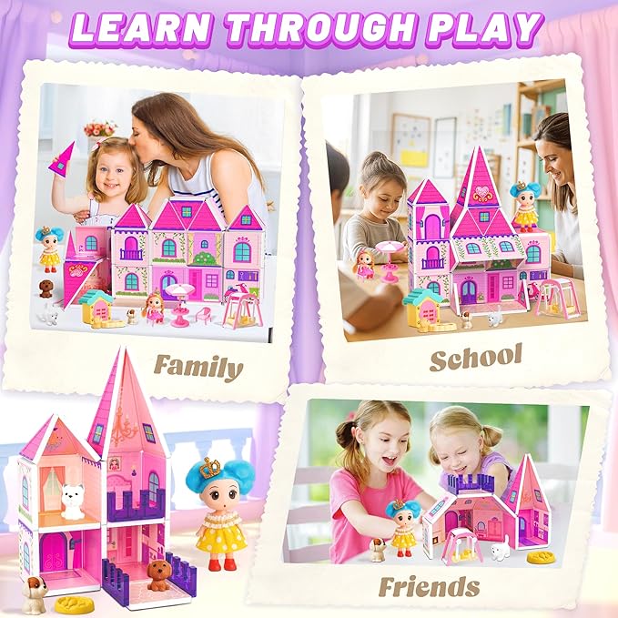 Magnetic Tiles Doll House Building Toys Set with Double Sided Printed Design, Play House Magnetic Blocks for Kids Ages 3-5 4-8, STEM Educational Sensory Magnet Toys Birthday Gifts for Girls