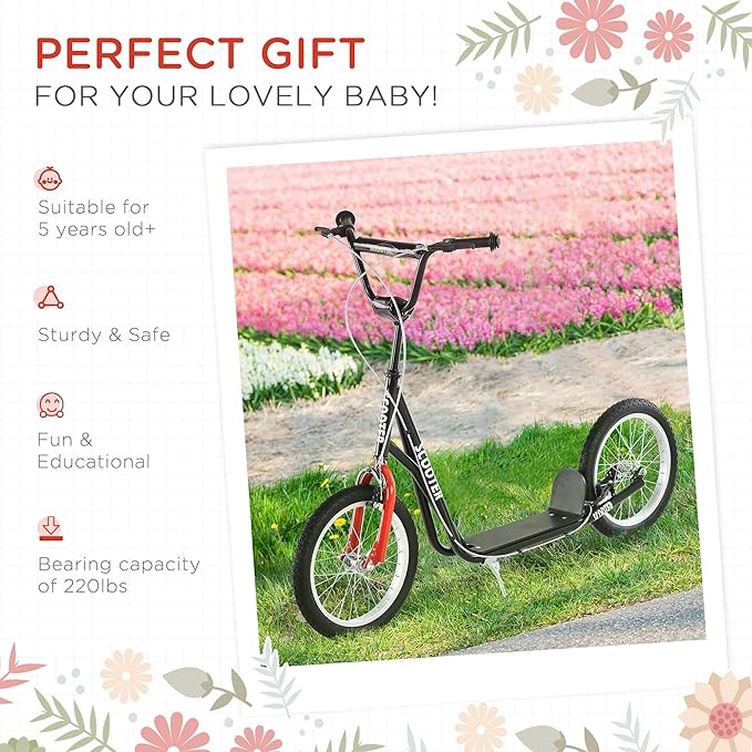 Aosom Youth Scooter Kick Scooter for Kids 5+, Max Load 220 LBS., with Adjustable Handlebar, 16" Inflatable Wheels, Dual Brakes