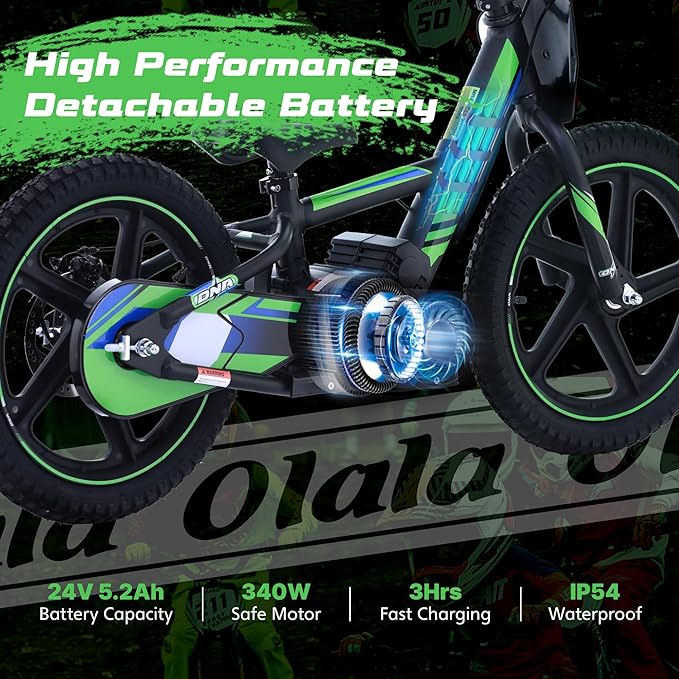 OLALA Electric Dirt Bike for Kids Aged 5-10, 340W Racing Grade Electric Motorcycle with Aluminum Frame, Up to 12MPH & 3 Speed Settings, Safe Disc Brakes, 16IN Knobby Tires