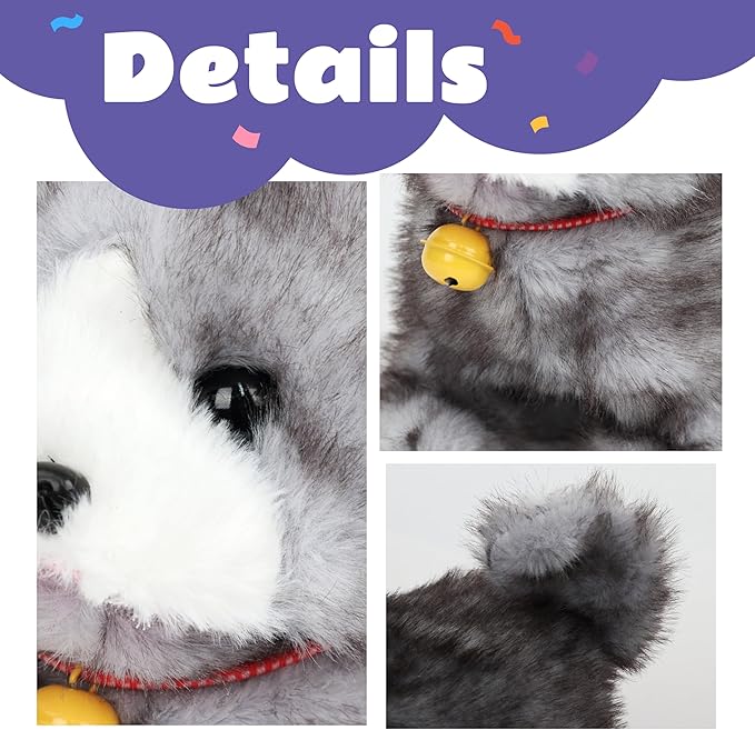 Cuteoy Walking Gray Cat Stuffed Animal Talking Wagging Nodding Educational Plush Kitty Toy Electric Interactive Animated Plushies for Girls Boys Birthday