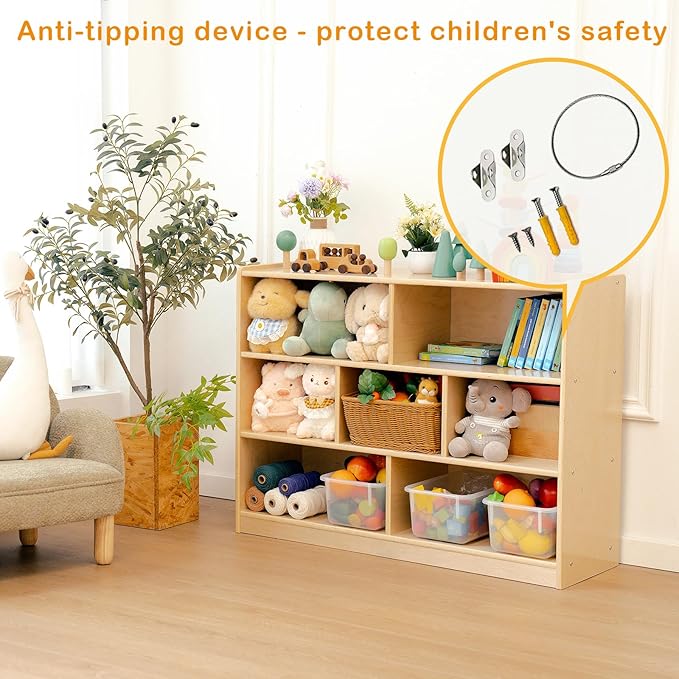 Kids Bookshelf and Toy Storage Shelf, Wooden Montessori Bookshelf, 3-Tier Toy Shelves with 7 Cubby, Classroom Furniture, Birch Children Bookcase, Book Shelf for Kids Room, Nursery, Playroom