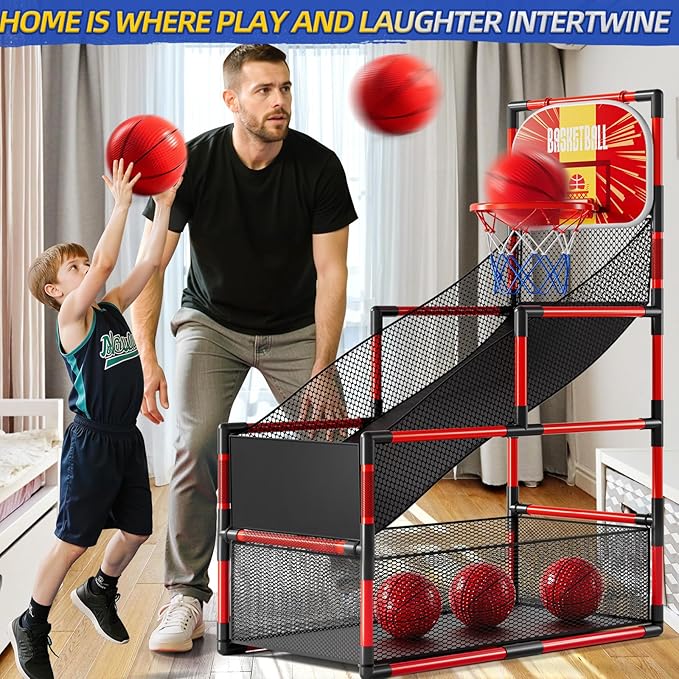 Arcade Basketball Game Indoor, Kids Ajustable Basketball Hoop, Outdoor Carnival Sports Play Toy with 4 Balls and Air Pump, Educational Birthday Gift for Boys Girls 3 4 5 6 7 8 Year Old (Red)