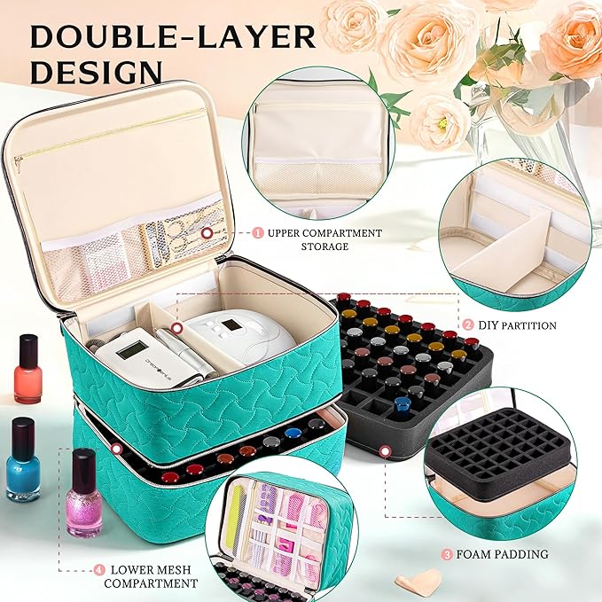 DreamGenius Nail Polish Organizer Case Holds 42 Bottles, Portable Double-Layer Nail Polish Storage Bag with Adjustable Dividers for Manicure Tools, Blue