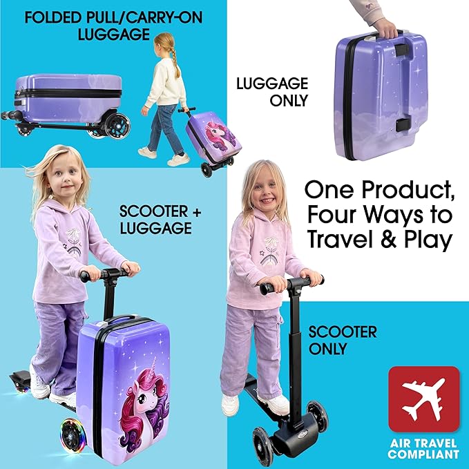 KIDDIETOTES Detachable 4-in-1 Scooter Luggage for Kids – Ride-On Suitcase with Removable Luggage Body, Adjustable Handlebar, Durable Deck & Brake, Carry-On Size – Travel & Play
