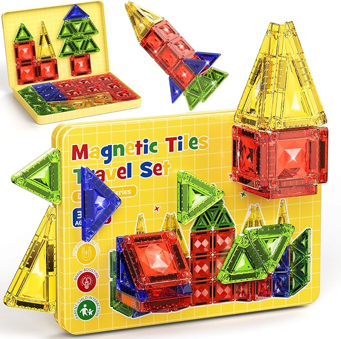 Mini Magnetic Tiles Travel Set - 40PCS Diamond Texture Magnetic Building Blocks for Kids, 10% Thicker & Portable Yellow Metal Storage Box, Montessori STEM Educational Toys Gift for Ages 3+