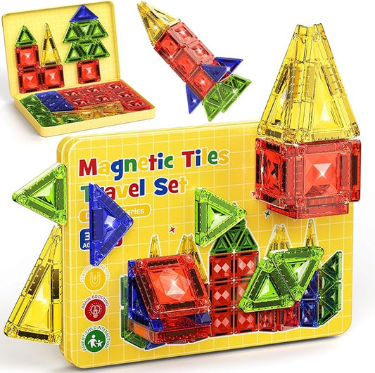 Mini Magnetic Tiles Travel Set - 40PCS Diamond Texture Magnetic Building Blocks for Kids, 10% Thicker & Portable Yellow Metal Storage Box, Montessori STEM Educational Toys Gift for Ages 3+