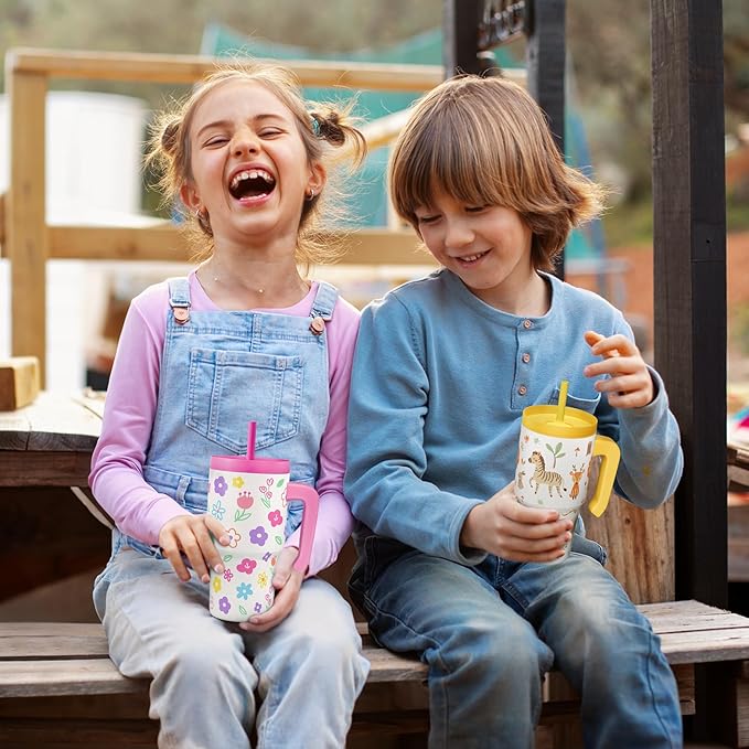 Floral Tumbler 20oz with Handle and Silicone Straw Lid for Kid, Insulated Stainless Steel Cup, Gift for Kids Girls, Gifts Idea for Birthday Christmas Back to School