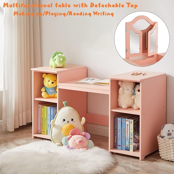 Kids Vanity, 2 in 1 Princess Makeup Vanity Storage Cabinet with Detachable Top, Girls Vanity Set with Tri-fold Mirror, Kids Vanity Set with Mirror Age 3-9 (Pink)