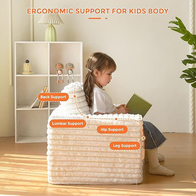 MAXYOYO Kids Bean Bag Chair, Comfy Faux Fur Bean Bag Sofa with Filler, Upholstered Floor Sofa with Pillows and Armrests, Lazy Floor Chair Couch for Boys and Girls, Beige