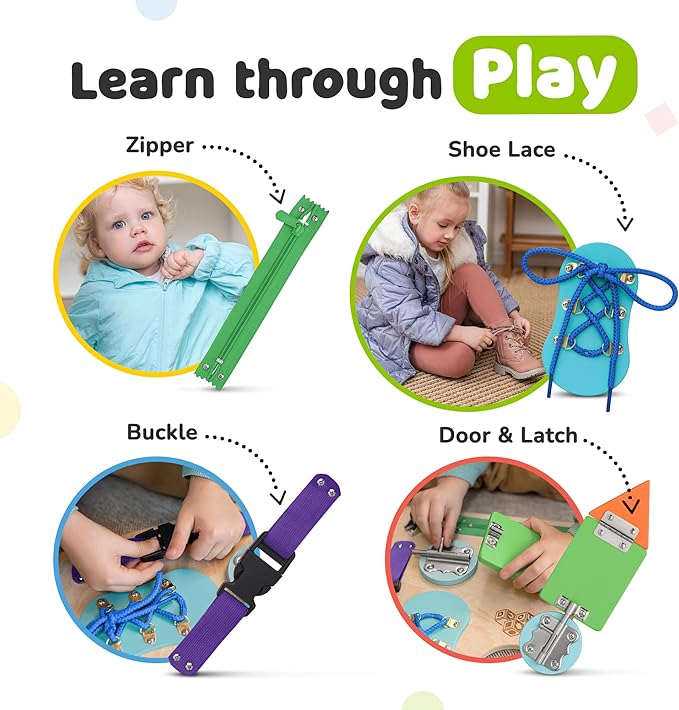 Sensory Busy Board for Toddlers, Premium Wooden Toddler Busy Board for 1 2 3 Year Old with 10 Educational Activities for Fine Motor Skills, Fidget Activity Toy for Travel Toy (Multicolored - Large)
