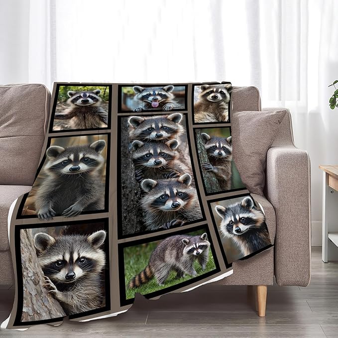 Raccoon Blanket Fleece Soft Warm Plush Raccoon Throw Blanket Lightweight Plush Fuzzy Cozy Wild Animal Blankets for Lover Kids Adult Suitable for Couch Sofa Bed 60"X50"