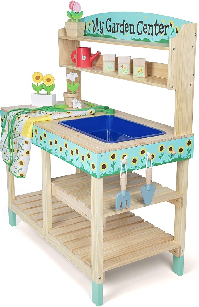 Bloom & Grow Gardening Center Wooden Toy Indoor Playset- 22 Pc Garden Stand Set w Flowers, Seed Packets, Pots, Shovel Rake Apron Watering Pot- Interactive & Fun Pretend Playtime, Xmas Gift for Kids