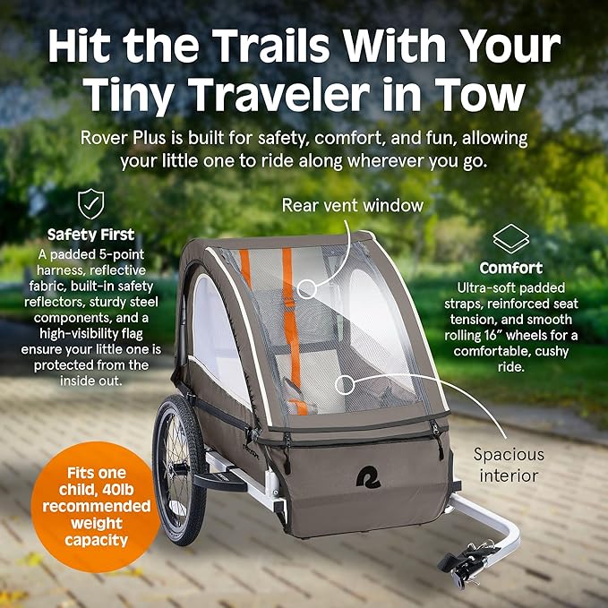 Retrospec Rover Plus Foldable Bike Trailer for Kids, Single/Double Passenger Child Bike Trailer with 5-Point Safety Harness, Reflective, Weather-Resistant Fabric and Safety Flag - Supports 40-80 lbs