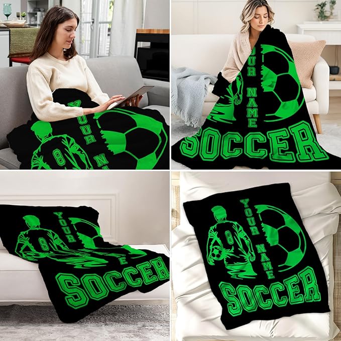 Personalized Soccer Throw Blanket with Name - Soft, Fuzzy & Warm - 30x40 Inches Lap Size Blanket for Couch, Office - Green Funny Throw Gift for Boys, Kids