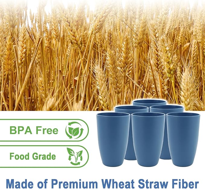 Wheat Straw Cups Large Drinking Cups Set of 6-20 OZ Large Capacity Plastic Tumblers Unbreakable Glasses Drinking Microwave and Dishwasher Safe Kitchen Water Glasses - Blue