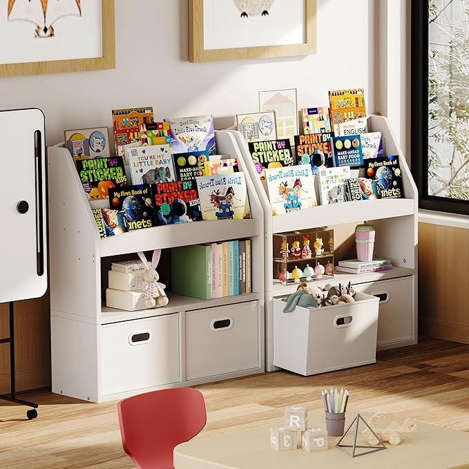 Homeiju Kids Bookshelf & Toy Storage Organizer with 2 Fabric Bins, 3 Tier Children Book Shelf, Toddler Bookcase for Toddler, Kids Room, Toys, Nursery, Playroom, White