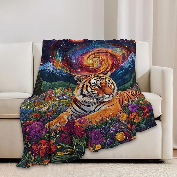 Tiger Blanket Starry Night Floral Animal Throw Blankets Gifts for Girls Boys Kids Tiger Lover Soft Cozy Fleece Plush for Couch Sofa Bed 60"x50"