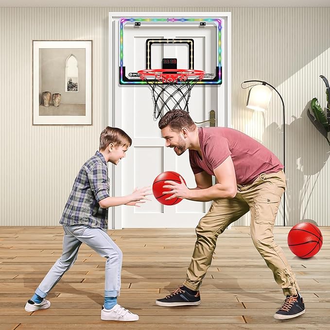 Extra Large 26" x 17" Pro Indoor Basketball Hoop Over The Door with LED Lighting Electronic Scoreboard, Mini Basketball Hoop for Kids, for Boys Girls Teens Adults B&R