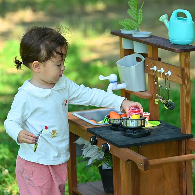 OLLIKIVI Mud Kitchen for Kids Outdoor, Wooden Play Kitchen with Removable Sink, Faucet, Storage Shelves, Backyard Garden Toddler Kitchen Playest, Kitchenware, Stove, Gift for Boys and Girls