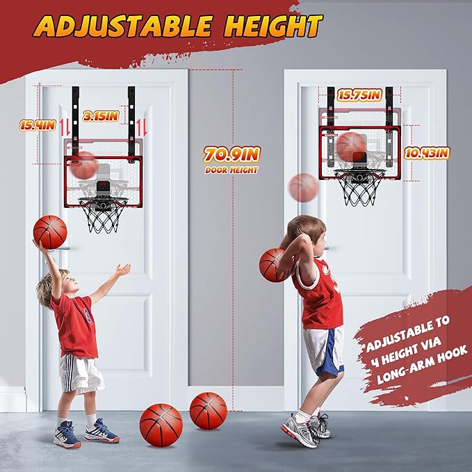 HopeRock Indoor Basketball Hoop Toys for Kids, Adjustable Height Basketball Hoop Over The Door, Mini Hoops with Scoreboard, Basketball Toys Christmas Birthday Gifts for Boys