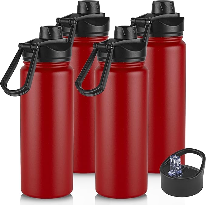 24oz Insulated Water Bottle with Straw Lid, Stainless Steel Metal Water Bottle with Straw & Wide Mouth Lid, Double Wall Vacuum Water Bottle for Hiking Camping, Red 4 Pack