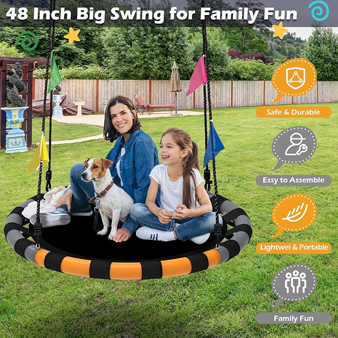 Saucer Swing, 48 Inch Larger Swing Sets for Backyard and Outdoor Playground, 900lbs Weight Capacity, with 360 Degree Swivel, Gifts for Kids and Family, Grey and Orange