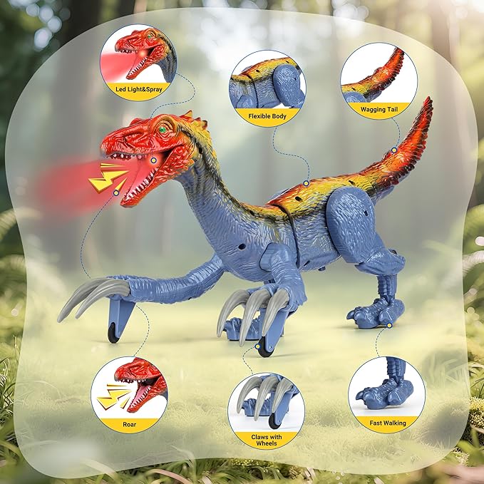 Remote Control Dinosaur Toys for Kids - Big Electronic RC Walking Realistic Dinosaur Toys with Spray & Light & Roar, Jurassic Velociraptor Toy Christmas Birthday Gift for Boys and Girls 3-12 (Blue)