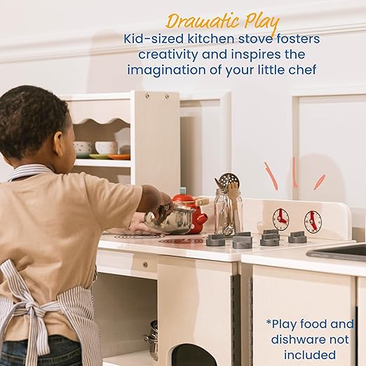 ECR4Kids Play Kitchen Stove, Wooden Playset, White Wash