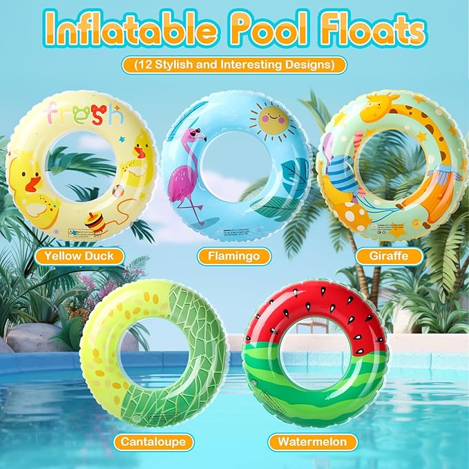 10 Pcs Inflatable Pool Floats Tubes for Kids 23.6 Inches Swim Ring Floaties Pool Tube Dinosaur Sea Animal Fruit Mermaid Unicorn Swim Rings for Kids Adults Summer Swimming Lake Beach Party
