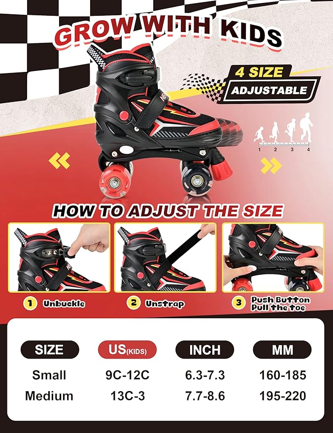 NEMONE Roller Skates for Boys Kids Ages 4-6 5-8 6-12 8-12 with 4 Sizes Adjustable Light up Wheels, Todder Beginner Rollerskates Indoor Outdoor Sports