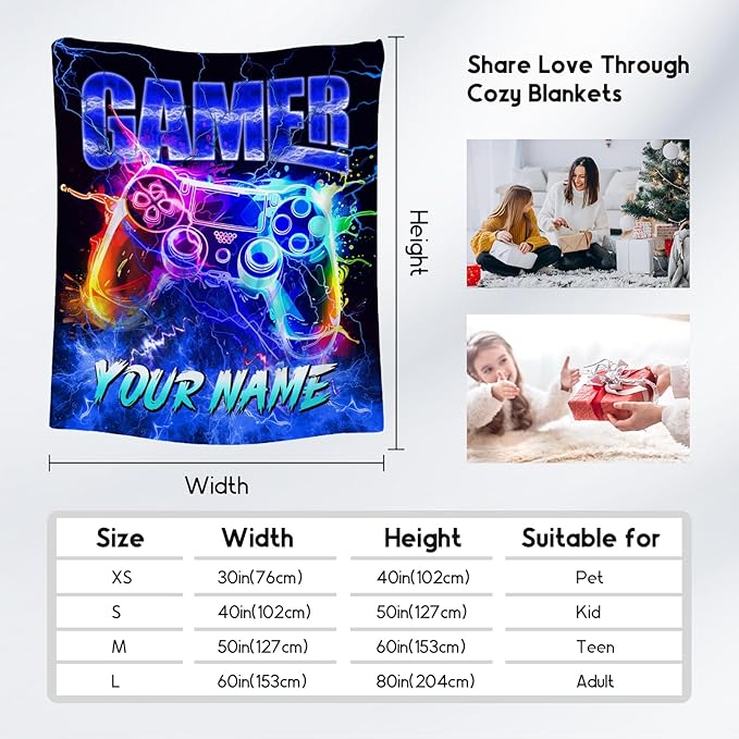 Blanket for Boys Gaming Blankets Personalized Gifts for Gamer Lovers, Soft Plush Cozy Throw for Son Grandson Kids Room Decor (4 Sizes)