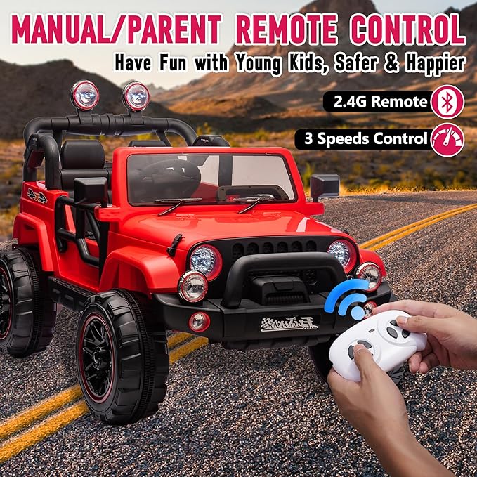 24V XL Kids Electric Ride on Truck Car 2 Seater Remote Control for Toddlers 2-8, 160W 2 Motors 5MPH Max Speed, Bluetooth USB Music Player, LED Lights Safety Belt, Gift for Boys Girls, Red