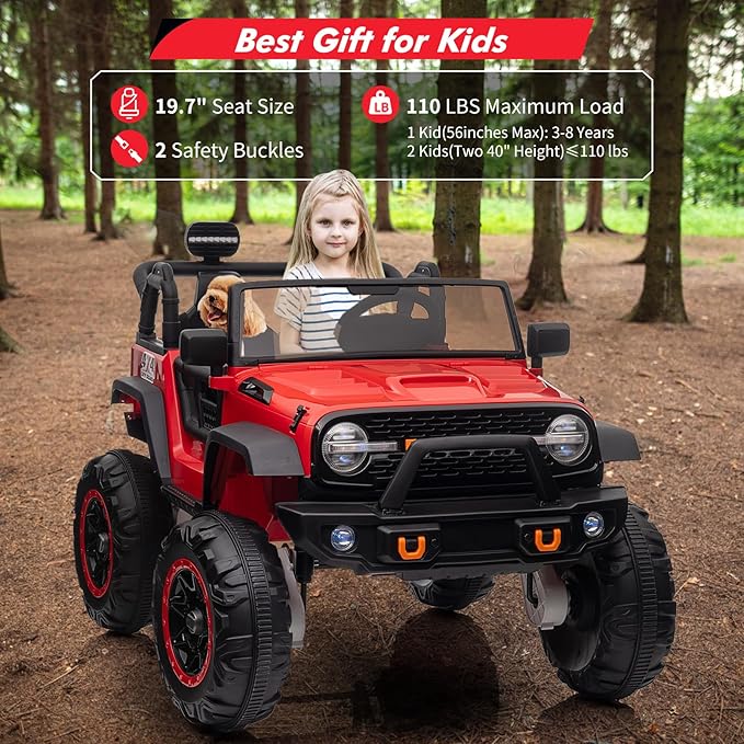 2 Seats 24V Kids Ride on Truck with Remote Control, Battery Powered Electric Ride Car Toy for 3-8 Years, 4 Motors,20" Seat Width for 2 Seaters, LED Light,Music,High/Low Speeds,Shovel, USB (Red)