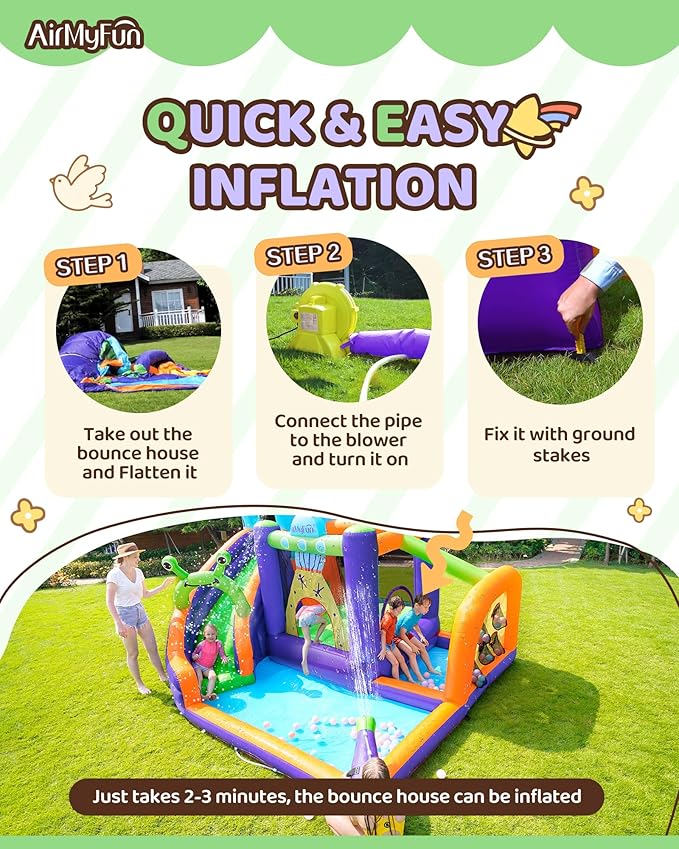 AirMyFun Water Bounce House Inflatable Water Slide Park for Kids Aged 3-10 with Long Slide, Water Gun and Ball Pool Play House for Outdoor Backyard