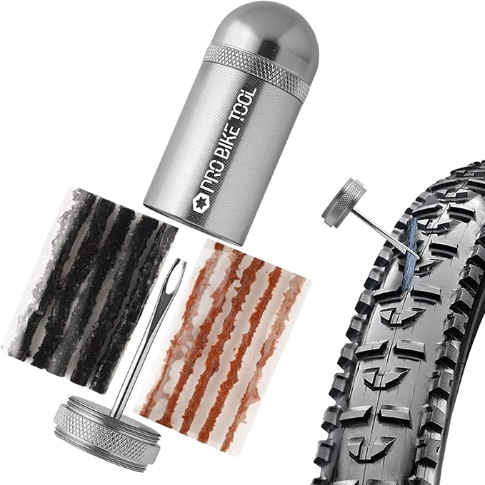 PRO BIKE TOOL Tubeless Bike Tyre Repair Kit – for MTB and Road Bicycle Tyres – Fix a Puncture or Flat, Fast – Tackle Set Includes Storage Canister, Plugger Tool and Plugs