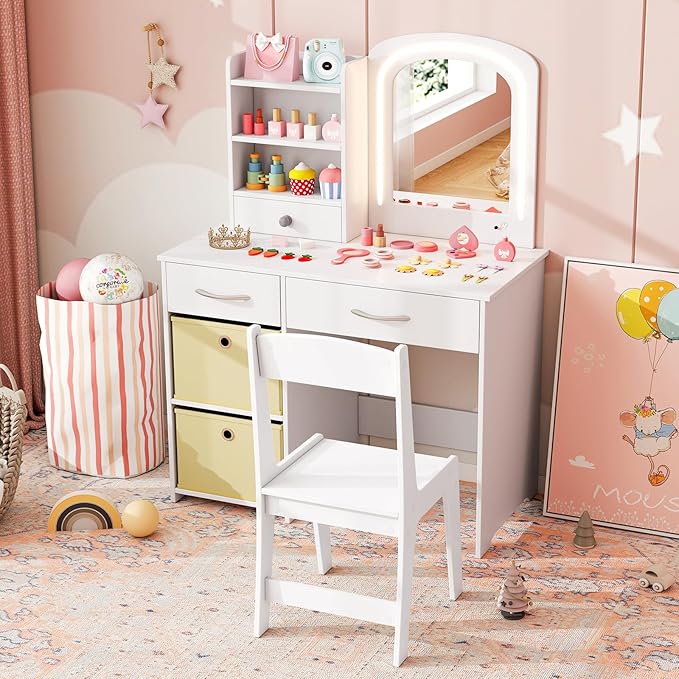 Costzon Kids Vanity with Lights, Princess Makeup Dressing Desk with Mirror and Stool, Storage Drawers, Shelves, Vanity Table and Chair Set for Little Girls (White)