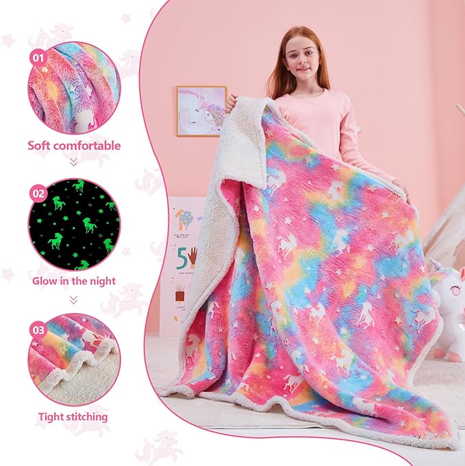 QSTEHEML Unicorns Glow in The Dark Blanket,Unicorn Gifts Sherpa Fleece Throw Blanket for Girls Age 3-12 Year Old, for Teens- Christmas Birthday Bedroom Decor 50"×60"