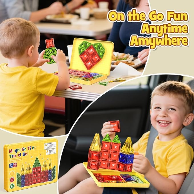 Mini Magnetic Tiles Travel Set - 40PCS Diamond Texture Magnetic Building Blocks for Kids, 10% Thicker & Portable Yellow Metal Storage Box, Montessori STEM Educational Toys Gift for Ages 3+