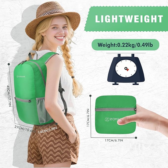 ZOMAKE Ultra Lightweight Hiking Backpack 20L - Packable Small Backpacks Water Resistant Daypack for Women Men(Grass green)