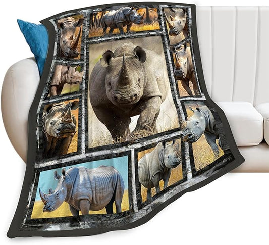 White Rhino Blanket Rhinos Animal Throw Blankets Gifts for Girls Boys Kids Rhino Lover Soft Cozy Fleece Plush for Couch Sofa Bed 50"x40"