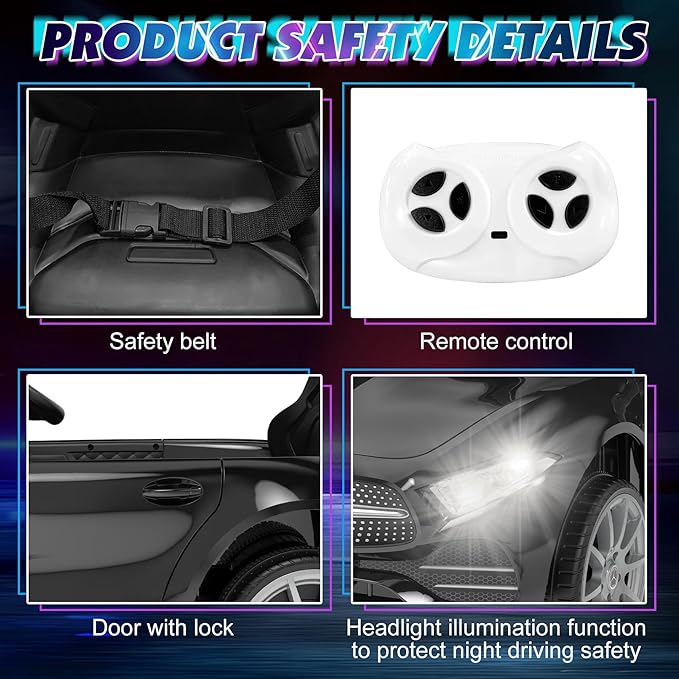12V Kids Ride On Car with 2.4G Remote Control,Battery Powered Electric Car Ride On Vehicle Double Doors, 5 Point Safety Belt,LED Light (SC-Black)