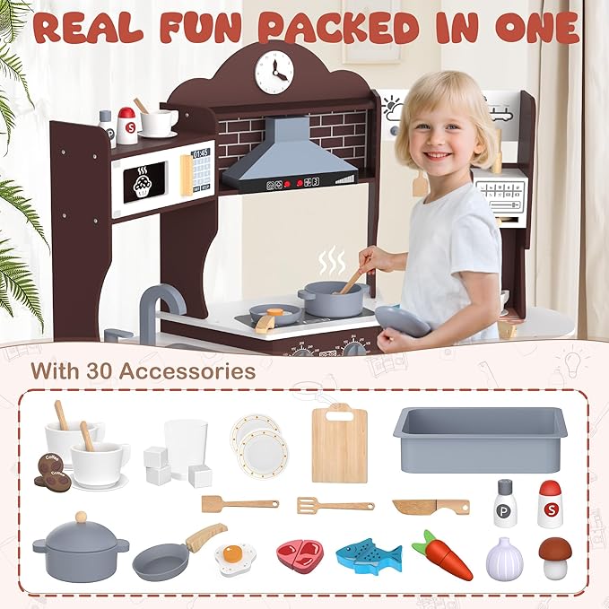 ANPABO Play Kitchen for Kids, Wooden Kitchen Playset w/Real Lights & Sounds, Coffee & Ice Maker, Microwave, Stove, 30Pcs Accessories Include Play Food, Pretend Play Set for Boys & Girls, Espresso