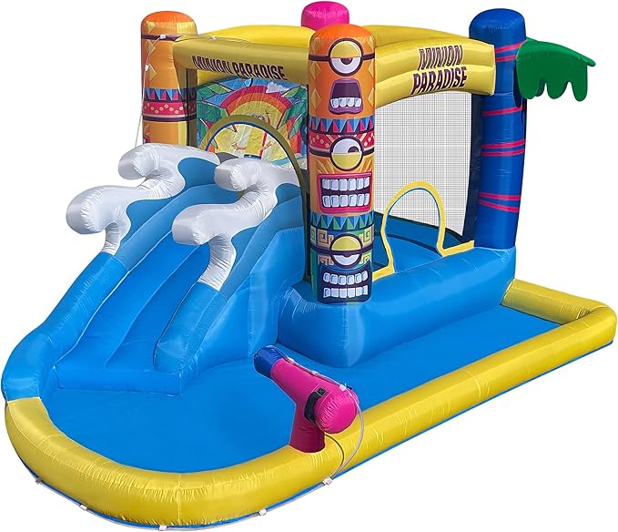 Funormous Minions Bounce House with Slide, Ball Pit & Water Cannon – Indoor/Outdoor Tropical Inflatable with GFCI Air Blower for Kids Ages 3–8