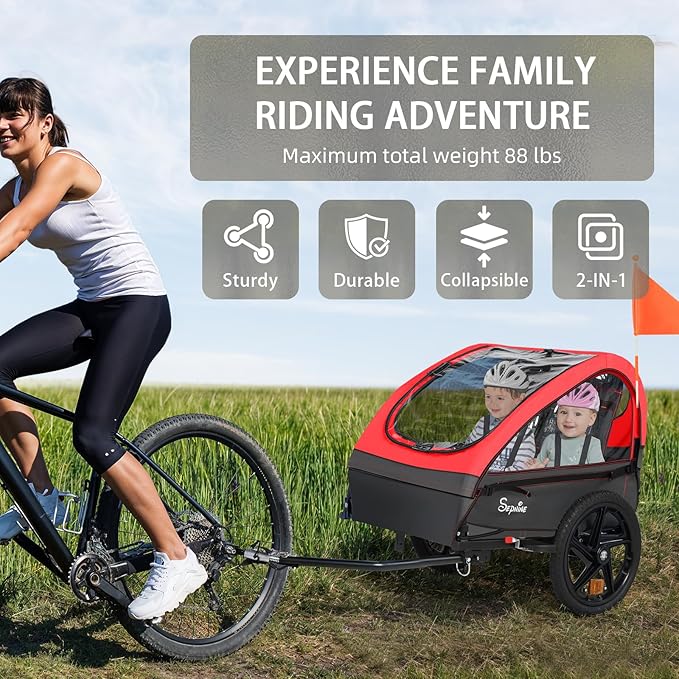 Sepnine Kids Bike Trailer, 2 in1 Canopy Carrier Converts to Stroller Suitable for 1 to 2 Kids, 12+ Months, Quick Attach to Bike, Foldable, with 5-Point Harness and Storage Bags